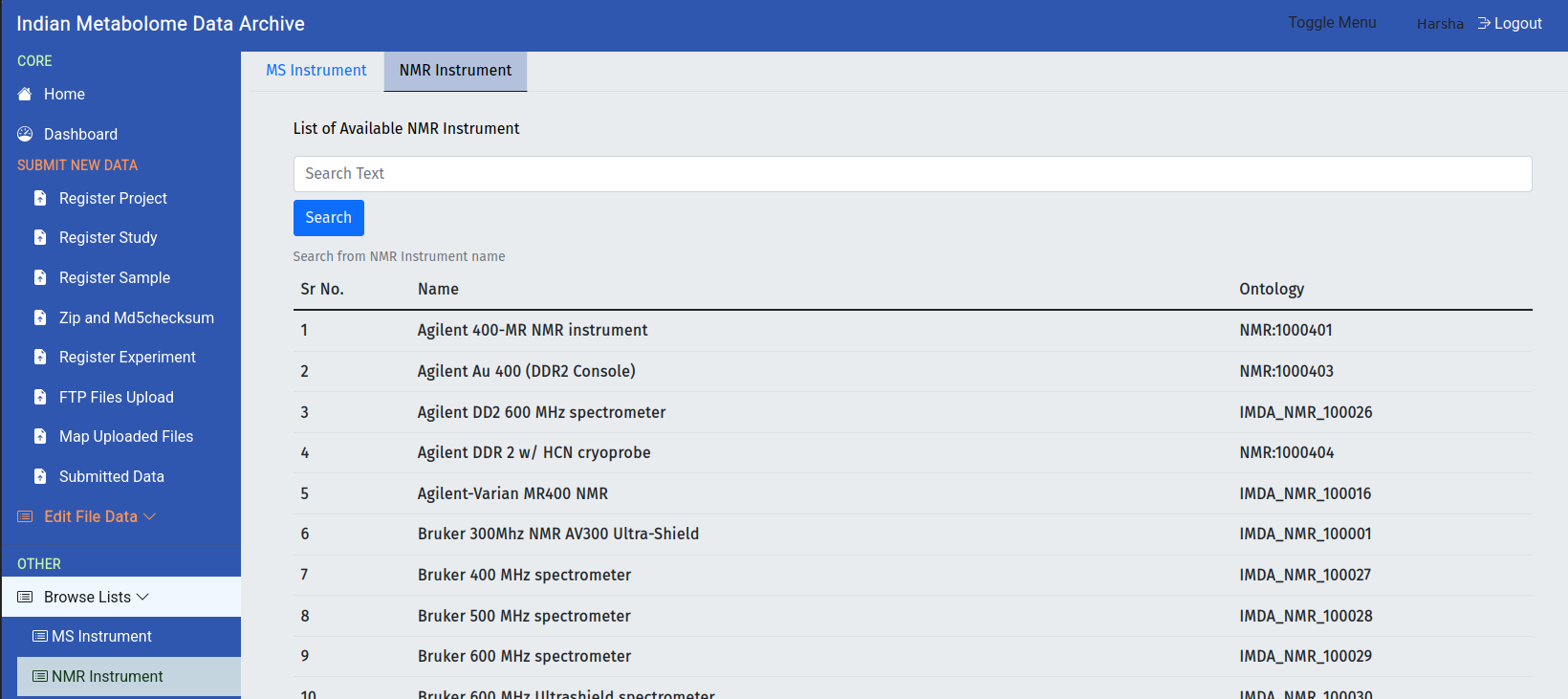 IMDA Browse Lists page showing MS and NMR instrument controlled lists.