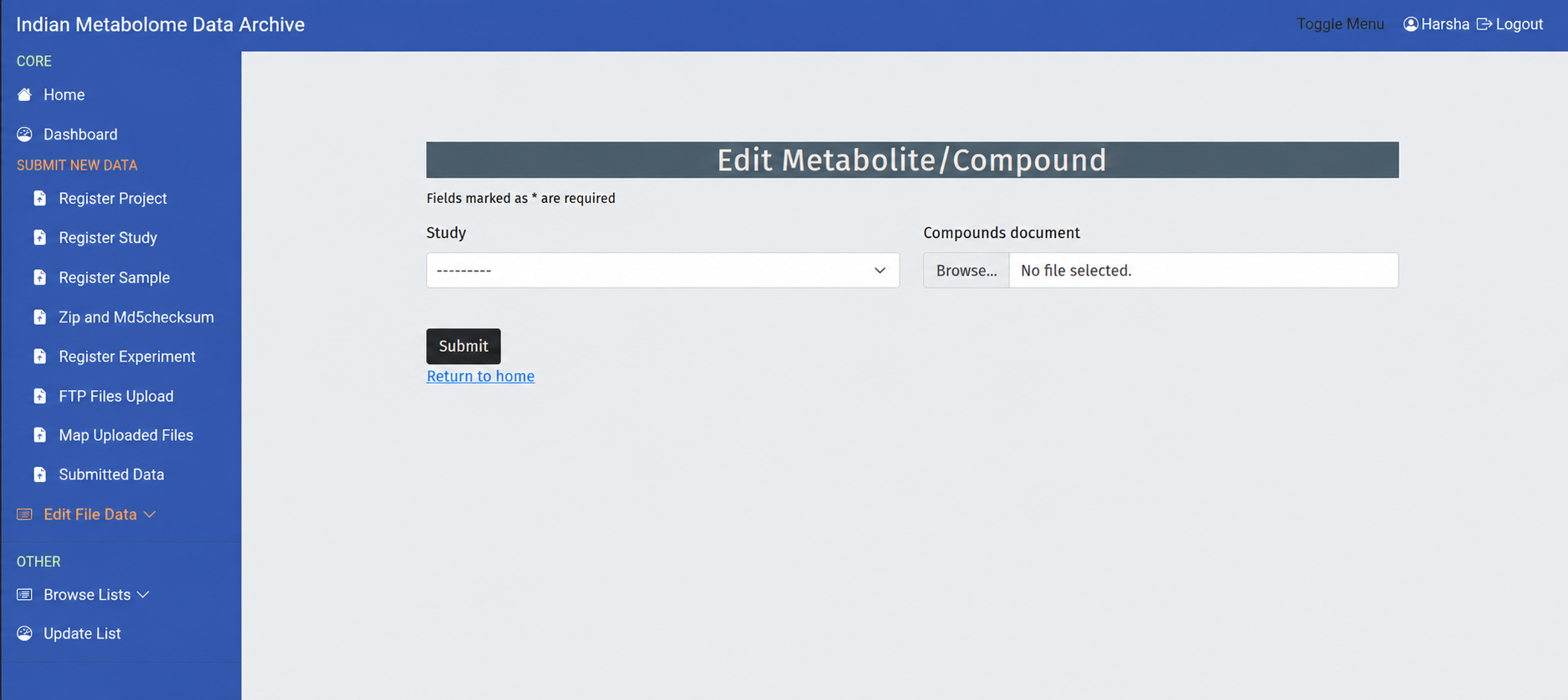 IMDA Edit Metabolite/Compound page for replacing the processed compound document.