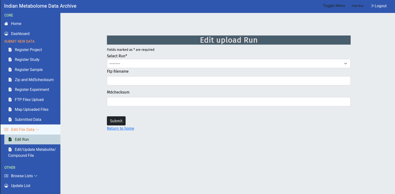 IMDA Edit upload Run page for correcting FTP file and checksum details.