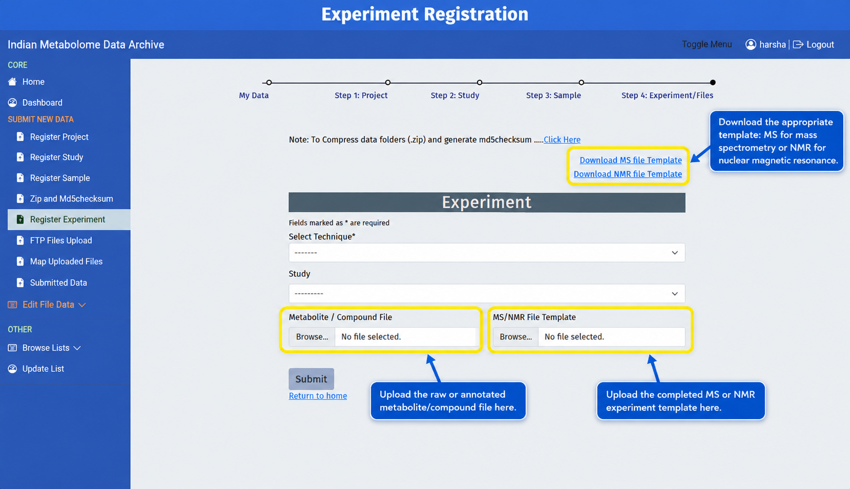 IMDA experiment registration screen showing technique, study, metabolite compound file, and MS/NMR template upload.