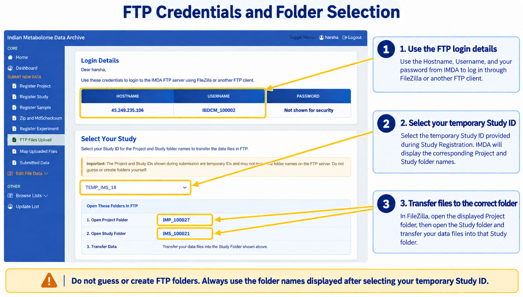 IMDA FTP upload page showing login details with the password masked and the study selection area.