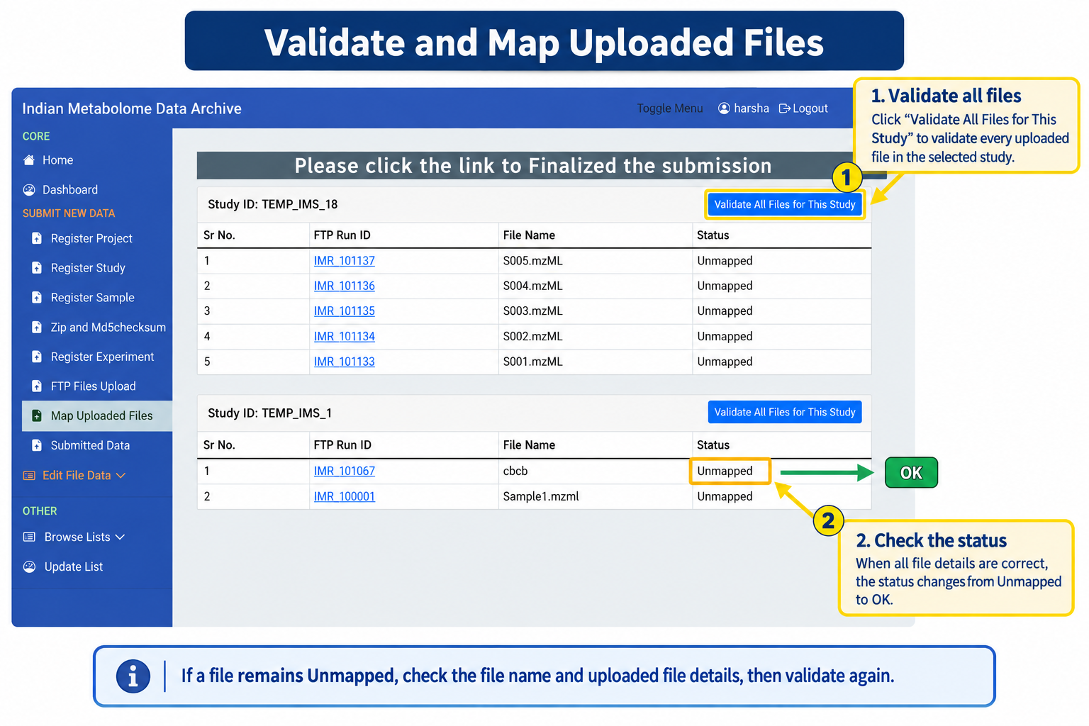 Validate and map uploaded files page showing the Validate All Files button and file status.