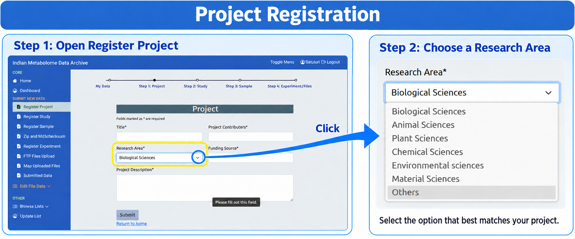 IMDA project registration screen showing the research area selection.