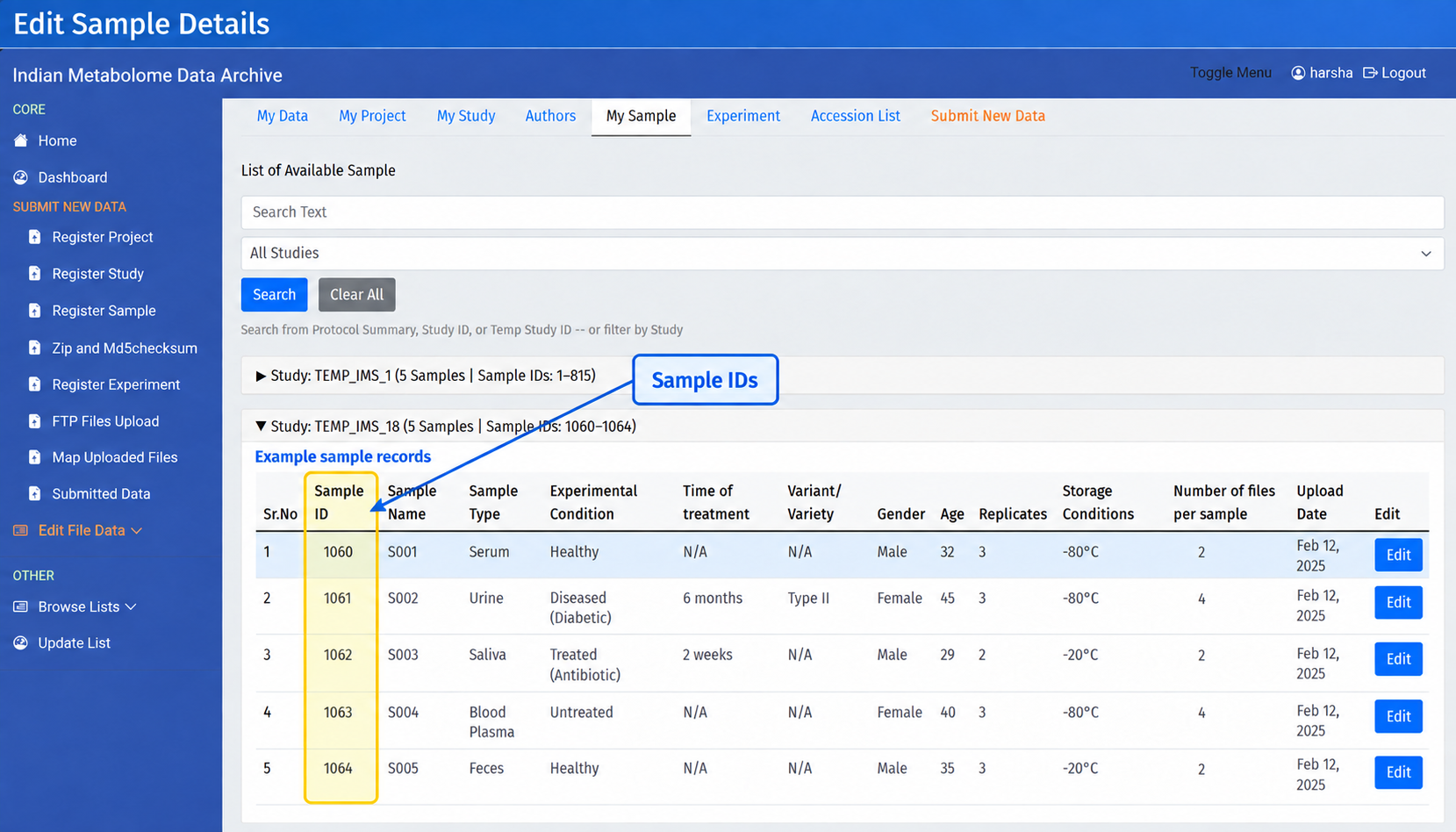 IMDA My Sample page showing where to find generated Sample IDs for experiment templates.