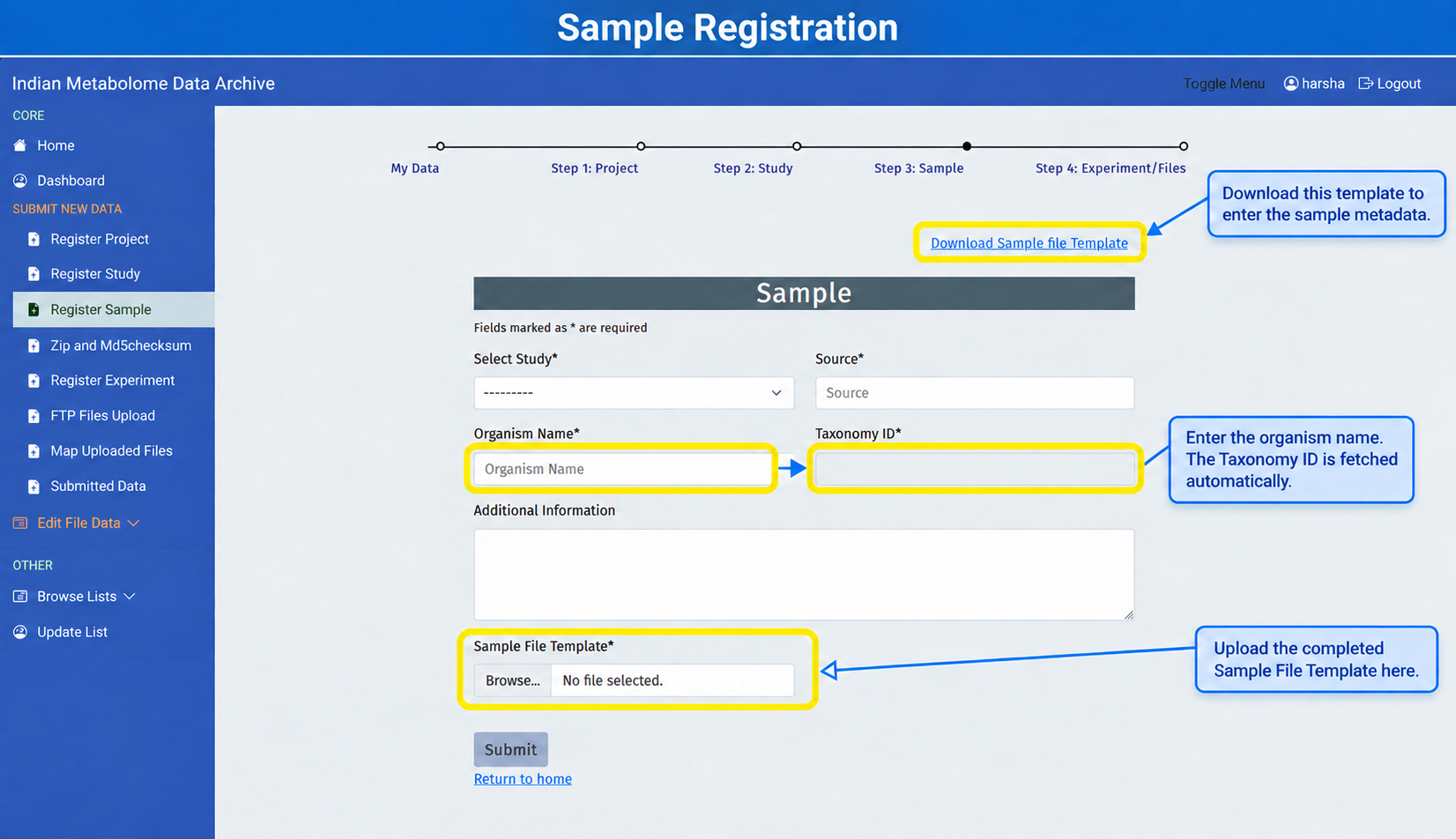IMDA sample registration screen showing study selection, organism details, taxonomy ID, and sample template upload.