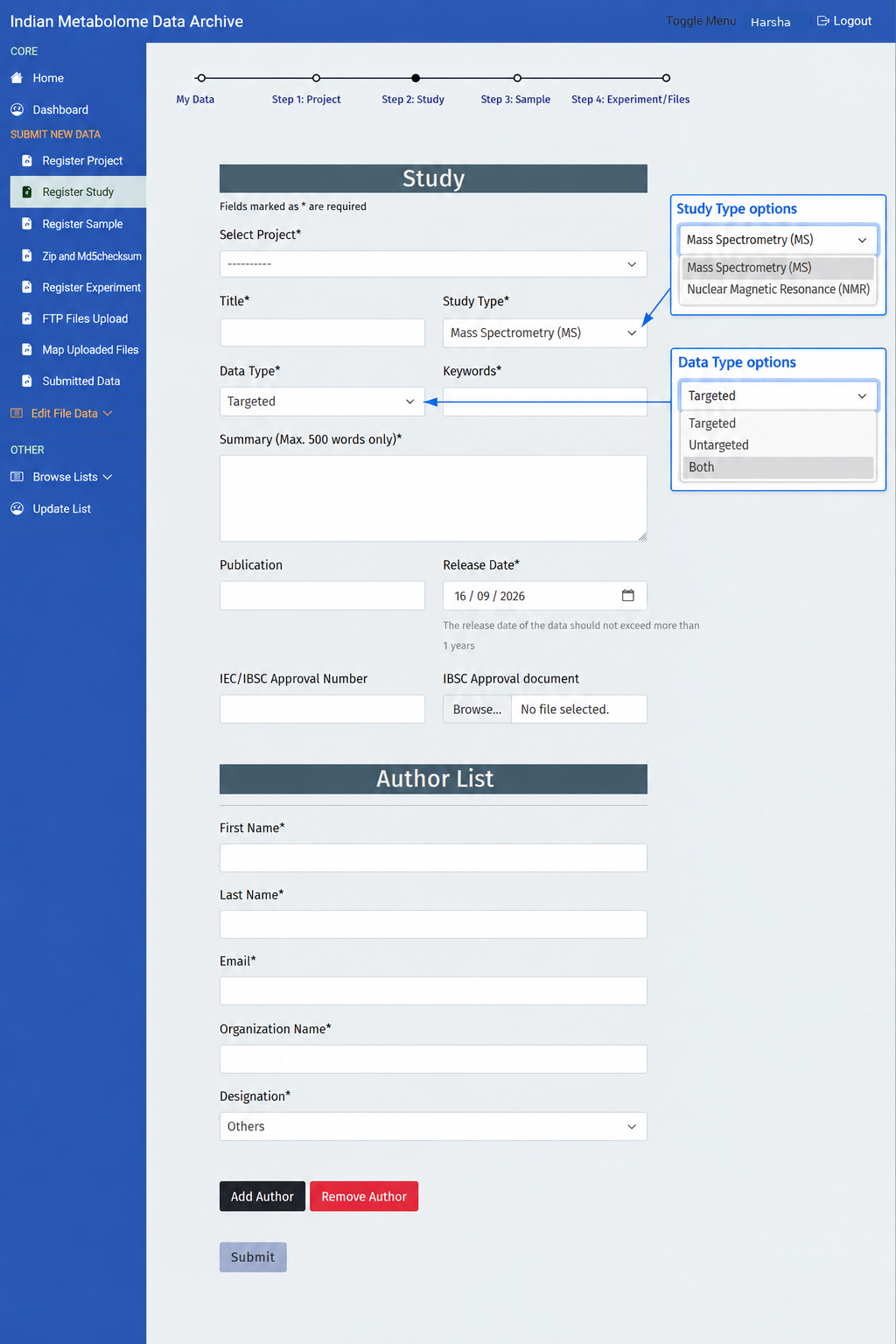 IMDA study registration form showing study details, study type, data type, and author list fields.