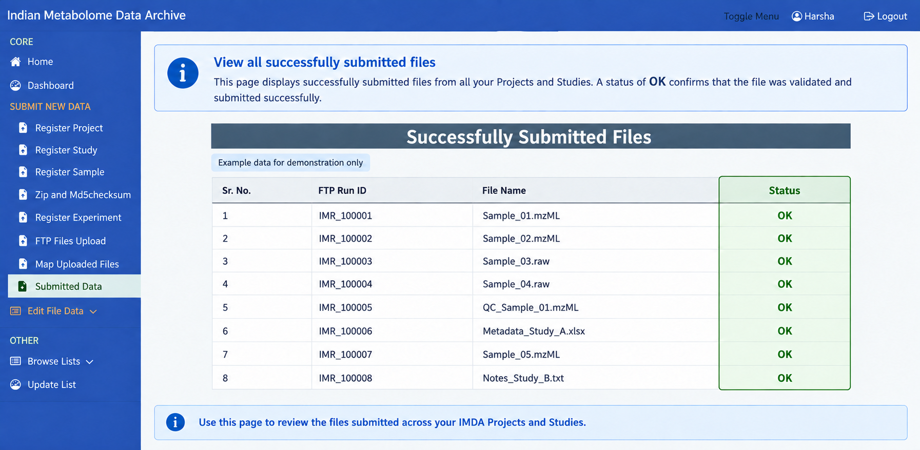 IMDA Submitted Data page showing successfully submitted files and OK status.