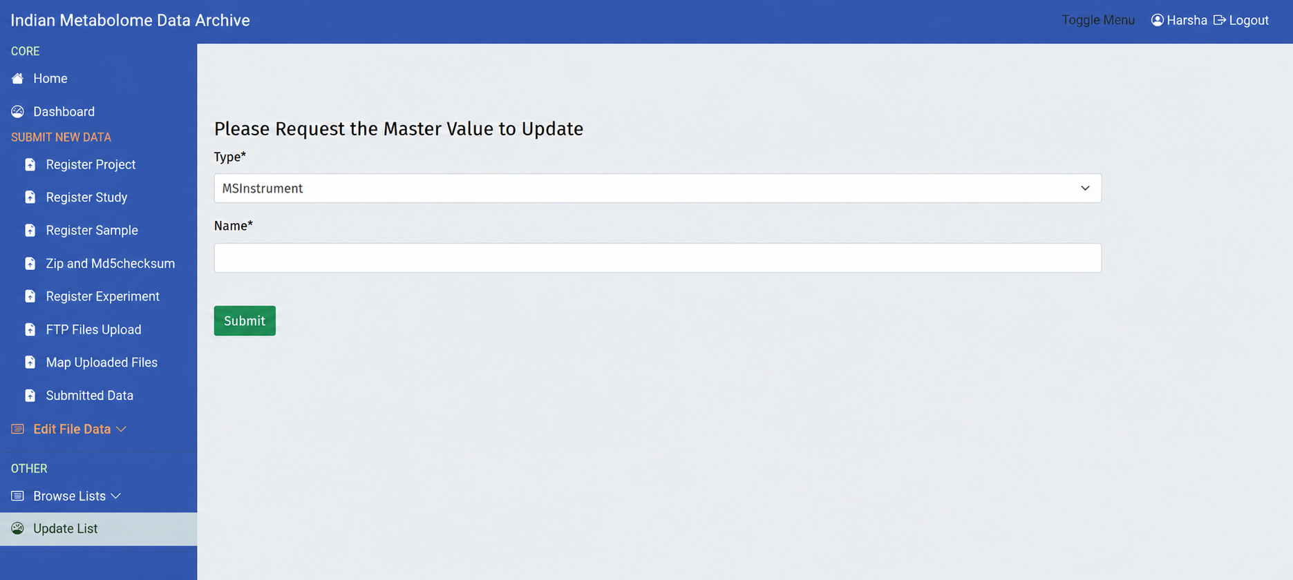 IMDA Update List page for requesting missing master list values.