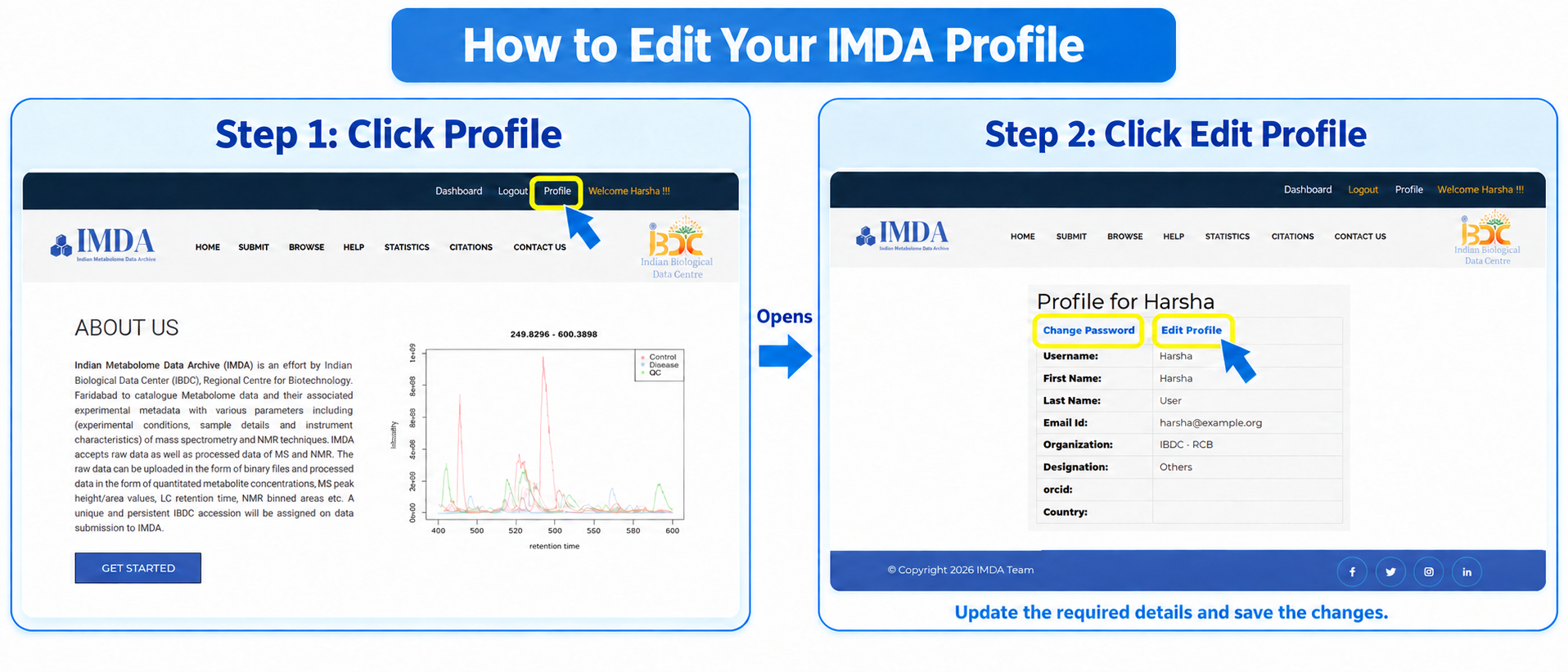 How to open and edit the IMDA user profile after login.