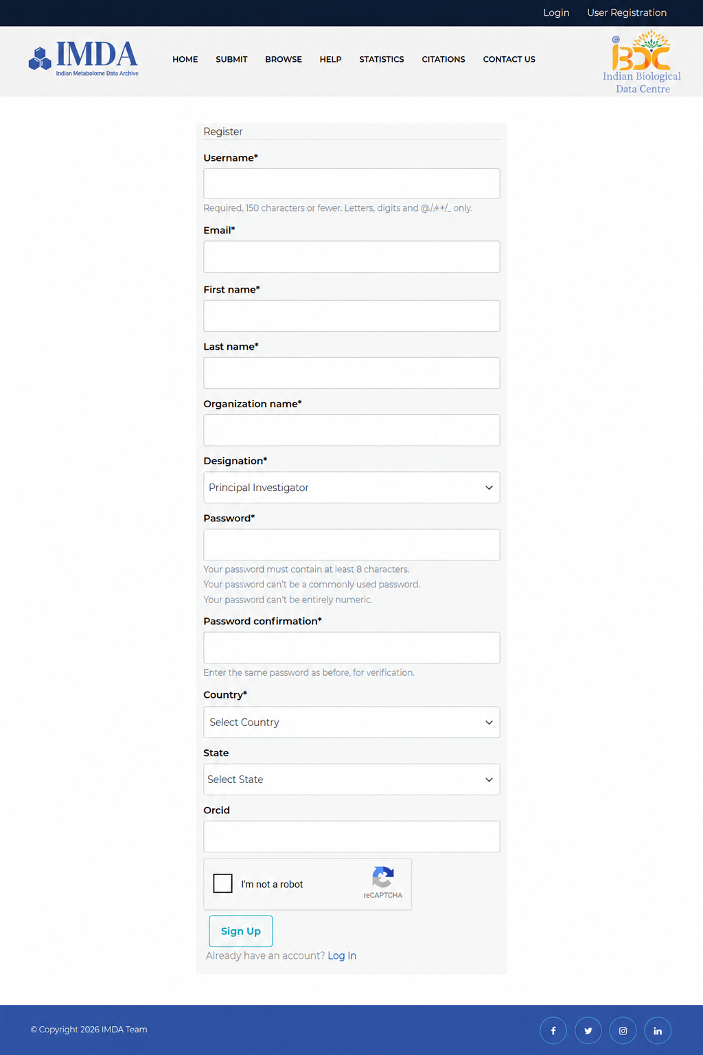 Complete IMDA user registration form showing required user profile fields.